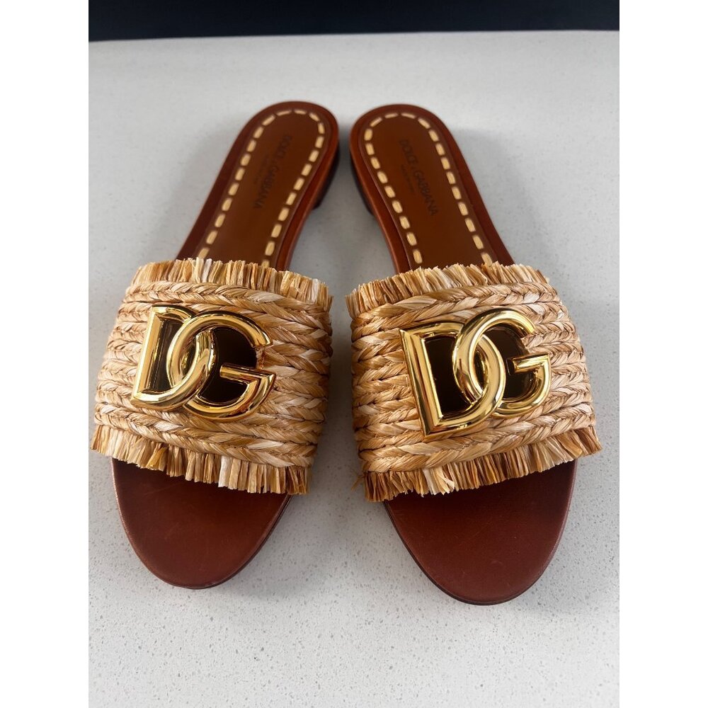 Dolce & Gabbana Logo beige raffia Woven Sandals slides size 40 NEW - Picture 4 of 13